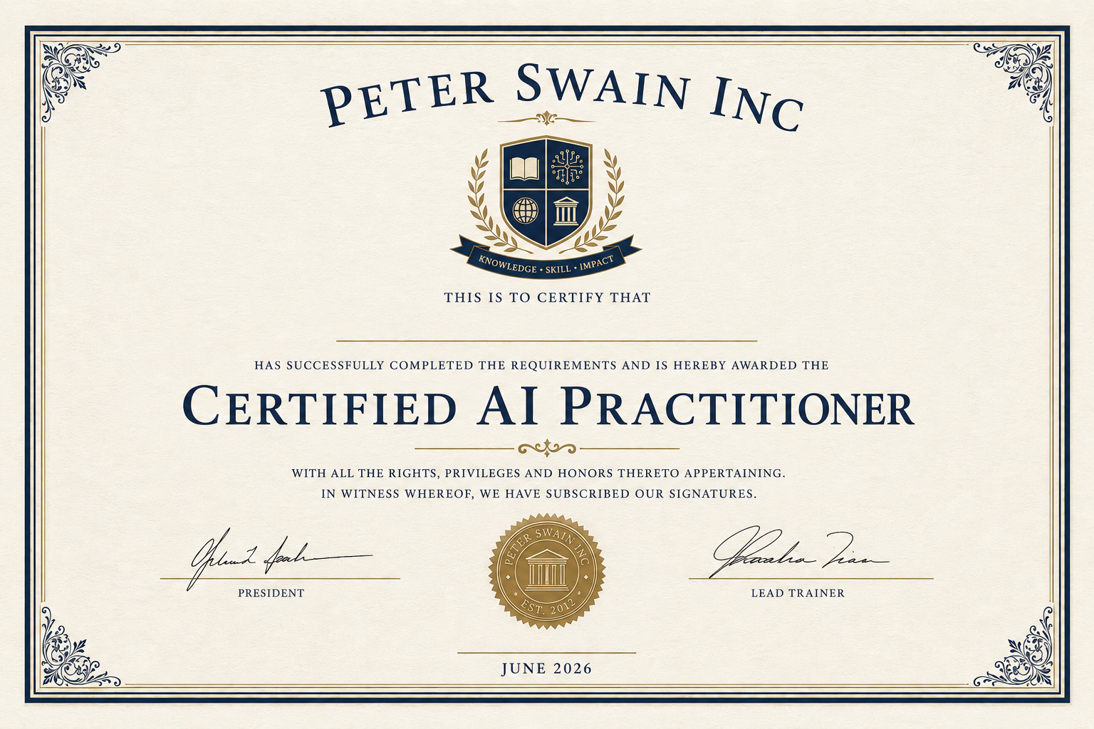 Certified AI Practitioner — issued by Peter Swain Inc, June 2026