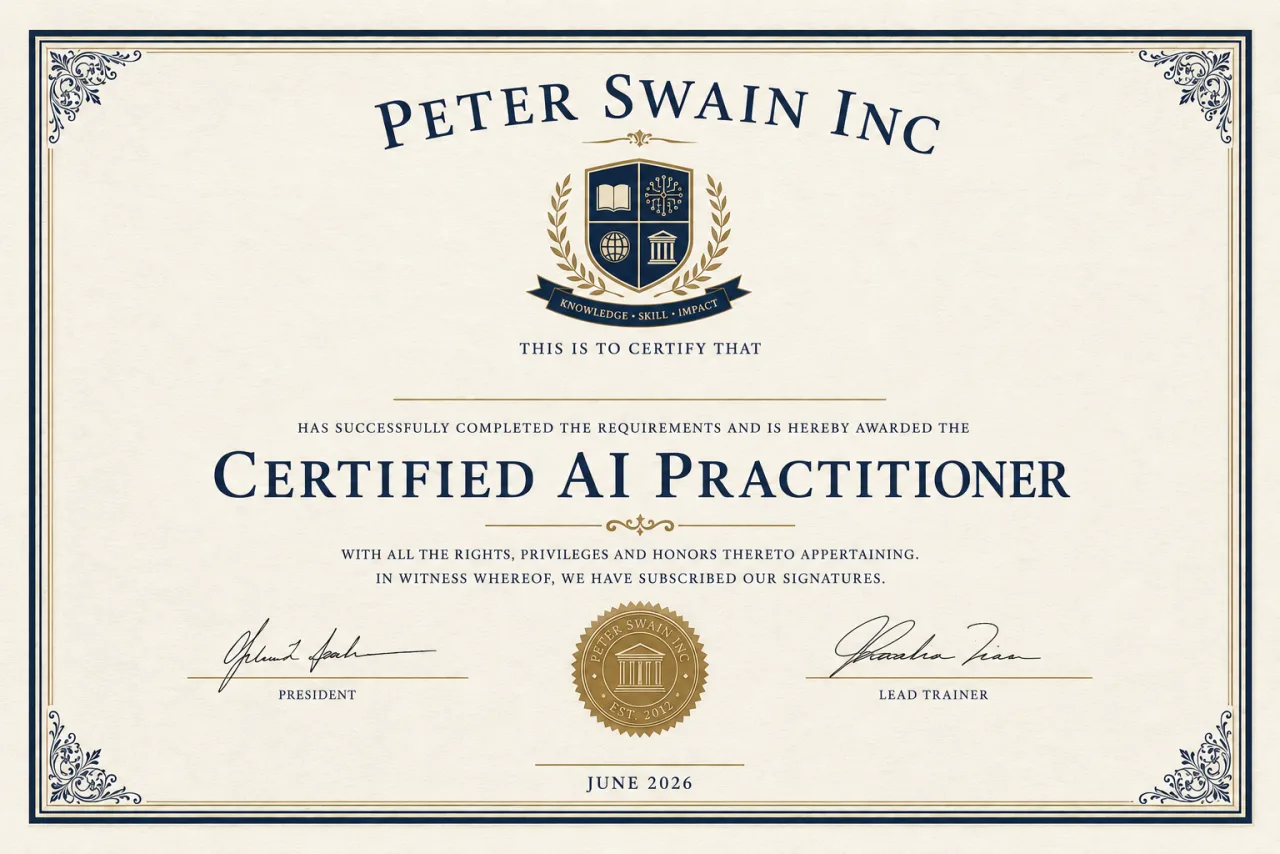 Certified AI Practitioner — issued by Peter Swain Inc, June 2026